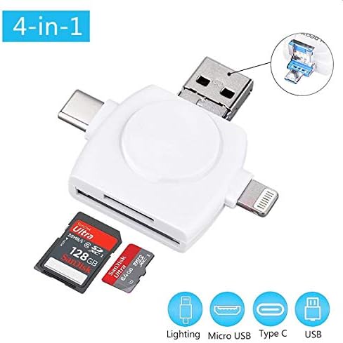 YsinoBear SD Card Reader, Micro SD TF USB C Card Reader for iPhone iPad Android Mac PC, 4 in 1 Memory Card Reader Adapter with Lightning Micro USB Type C and Standard USB Connector