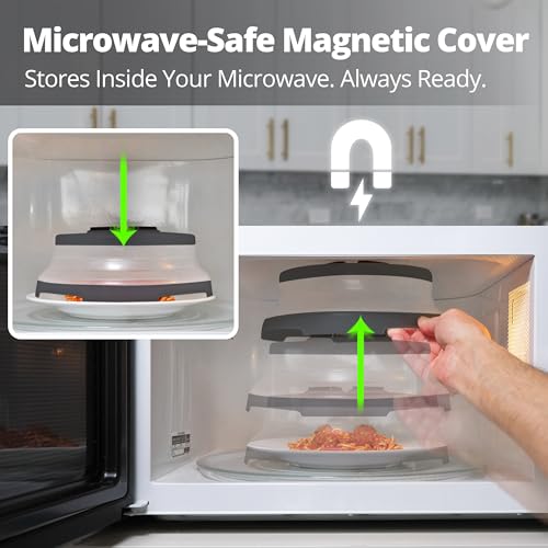 Hover Cover Collapsible Magnetic Splatter Cover, 10-Inch Clear BPA-Free Food Lid Vented Plate Guard with Steam Vents, Anti-Splash Microwave Lid, Dishwasher Safe Space-Saving Magnetic Storage, Charcoal