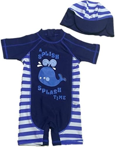 Carkoo Baby 2PCS Swimwear Blue Whale Stripe Swimming Onesie With Hat(12 M,Blue)