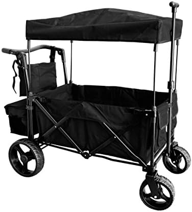 BLACK PUSH AND PULL HANDLE WITH WIDE OFF ROAD ALL TERRAIN TIRES FOLDING STROLLER WAGON COLLAPSIBLE BABY TROLLEY W/ CANOPY BEACH OUTDOOR SPORT GARDEN UTILITY SHOPPING TRAVEL CARTFREE CARRYING BAG
