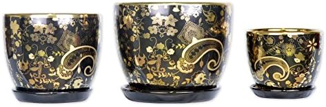 TransSino Treasures A Trio of Ceramic Planter with Tray Gold Plated in Black