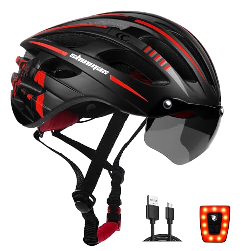 Shinmax Fahrradhelm Herren Damen mit Visier, Magnetischer Abnehmbarer Schutzbrille und USB-Aufladung LED Licht,Leichte Atmungsaktiv mit 27 Belüftungsk
