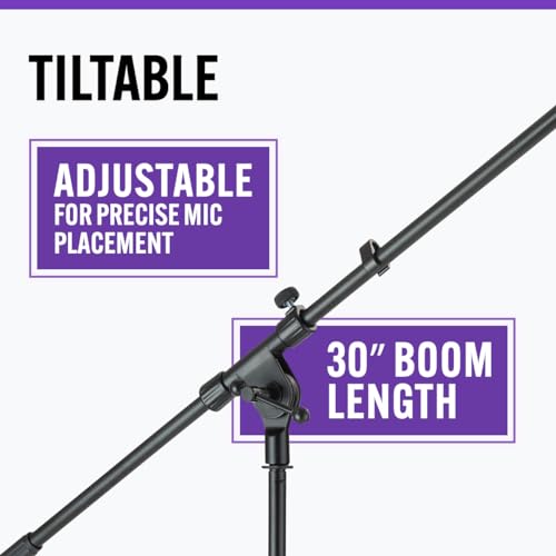 On-Stage MS7701B Euro Boom Mic Stand (For Vocal and Instrument Microphones, Height-Adjustable, Portable, Rugged, Lightweight, Steel, Standard Threading, Folding Tripod, Durable, Black)