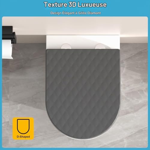 Abattant WC avec frein de chute Forme D, – Cuvette Toilette en PP avec Démontage Rapide, Patins Antidérapants et Gabarit d’installation – Silencieux et Durable, Gris 43,5 * 36,2 cm