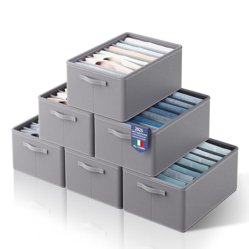 YOYIKKO 6 Pezzi Grandi Organizer per Armadio Vestiti 7 Scomparti, Cestelli Portaoggetti Impilabili, Contenitori per Vestiti Guardaroba per Maglioni, Magliette, Felpe Con Cappuccio (Grigio-178)