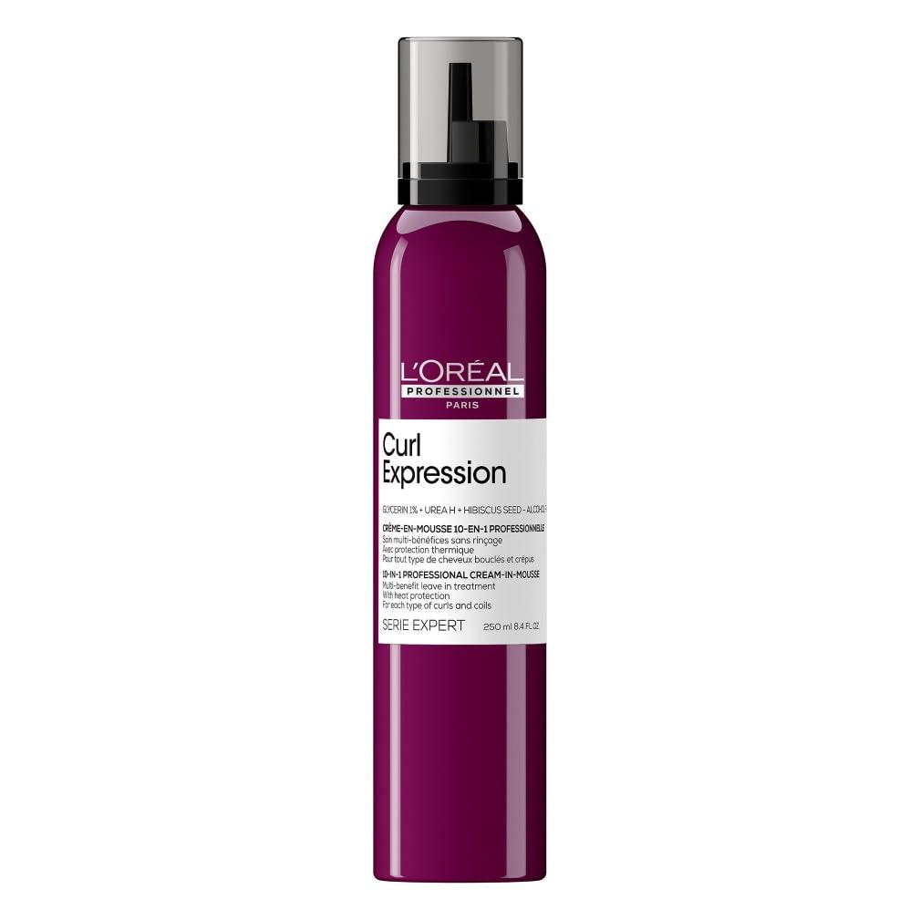 L'Oréal Professionnel Hair Mousse, With Heat Protection, For Curly & Coily Hair, 10-in-1 Multi-Benefit, With Glycerin, Urea H and Hibiscus Seed Extract, Serie Expert Curl Expression, 250 ml
