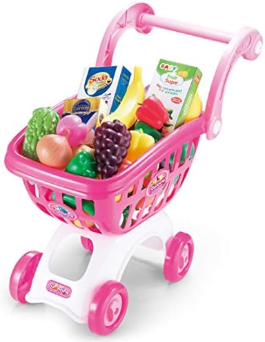 DAN DISCOUNTS Children Shopping Cart Trolley Play Set Includes 38 Grocery Food Fruit Vegetables Shop Accessories -Pink