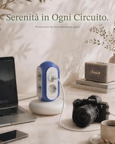 Multipresa a torre 6 prese AC, 3680W/16A, protezione sovratensione 1420J, base pesata 479 g anti-ribaltamento, cavo 2 m, protezione sovraccarico (Grigio Basalto)