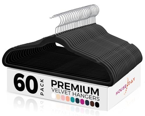 HOUSE DAY Black Velvet Hangers 60 Pack-Premium Clothes Hangers Non-Slip Felt heavy Duty Coathanger, Durable Suit Hanger for Space Saving, No Hanger Marks 360 Rotating (Black, 60 Pack)