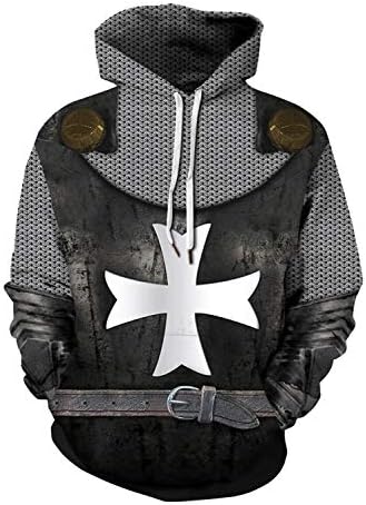 lancoszp Unisex Medieval Cross Hooded Sweatshirt Digital Printing Long Sleeve Victorian Knight Hoodie Jacket Two Versions