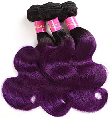 Unprocessed Brazilian Virgin Hair Brazilian Remy Hair Ombre Body Wave Bundles 3 pcs 14 16 18 inch 100 g/pcs Total 300 g Human Hair Extensions Hair Weaving (14 16 18, 1B/Purple)