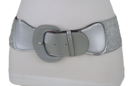 TFJ Women Elastic Wide Belt Metallic Silver Round Buckle Faux Leather M L