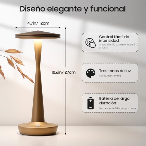 HYMZP Rechargeable 6000mAh Wireless LED Table Lamp, 3 Colour Temperatures and Continuous Touch Dimming, IP54 Waterproof, Modern Design with Memory, for Indoor and Outdoor (2 x Bronze)