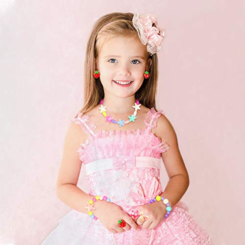 WATINC 62Pcs Candy Princess Jewelry Beaded Necklace Beads Bracelet Macaron Ice-Cream Color Chunky Bubblegum Toy Ring Crystal Earring Pastel Flower Pretend Play Dress Up Accessories for Little Girls