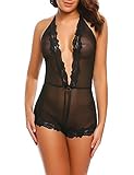 Avidlove Women Lingerie Teddy Deep V Halter Sleepwear One Piece Bodysuit Lace Babydoll