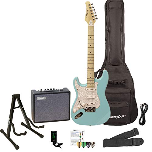 Sawtooth ST-ES-LH-DBLP-KIT-3 Left Handed Electric Guitar in Daphne Blue with White Pickguard,, Lesson, Gig Bag, Stand, Cable, Picks, Tuner, Strap and Amplifier