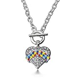 Inspired Silver Autism Awareness Pave Heart Toggle Necklace Clear Crystal Rhinestones