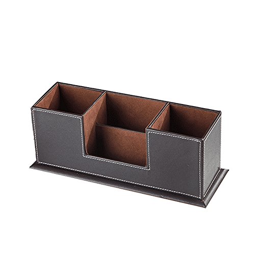 UnionBasic PU Leather 4 Compartment Desk Organizer Card/Pen/Pencil/Mobile Phone Office Supplies Holder Collection Desktop Organizer (Coffee)