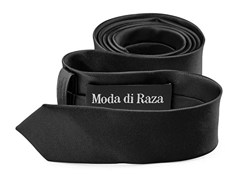Moda Di Raza- Mens Skinny Slim Neck Tie - Silk Finish Polyester Men Necktie - Solid Color Long Ties for Men - Fashion Tie - Black
