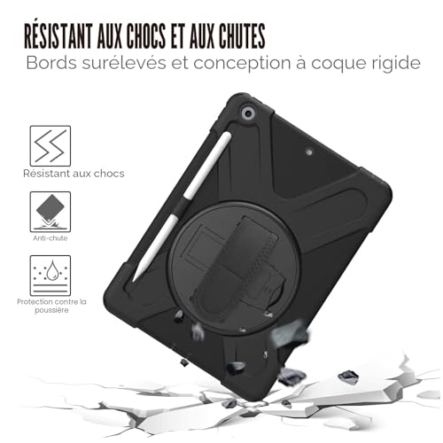 Gerutek Shockproof Case for iPad 9th/8th/7th Generation, 10.2 Inch, Rugged Armor Case with Rotating Stand, Hand Strap & Shoulder Strap, Pen Holder, Sleeve for iPad 10.2 Inch (2021/2020/2019), Black