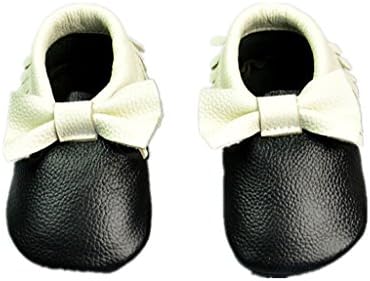 Nasbach Baby Soft Sole Leather Crib Shoes Infant Black-White L:12-18 months/interior length:13.3CM