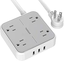 Flat Plug Power Bar, USB Power Strip with 4 Widely Spaced Outlets Charger, 3 USB Ports, 5 Feet Extension Cord Indoor...