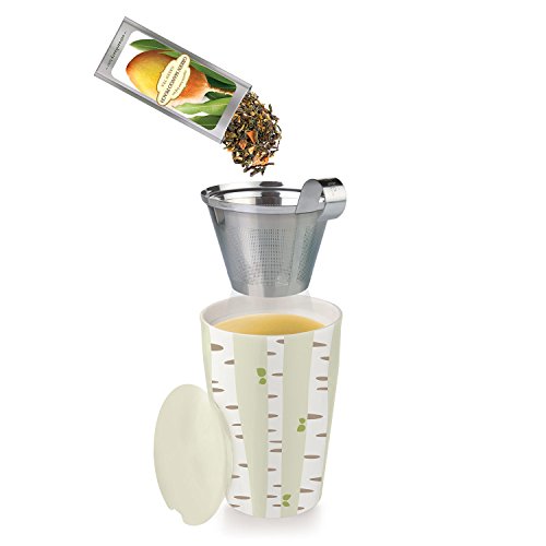 Tea Forté KATI Cup Ceramic Tea Brewing Cup with Infuser Basket and Lid for Steeping, Loose Leaf Tea Maker, Birch Forest - Thumbnail 3