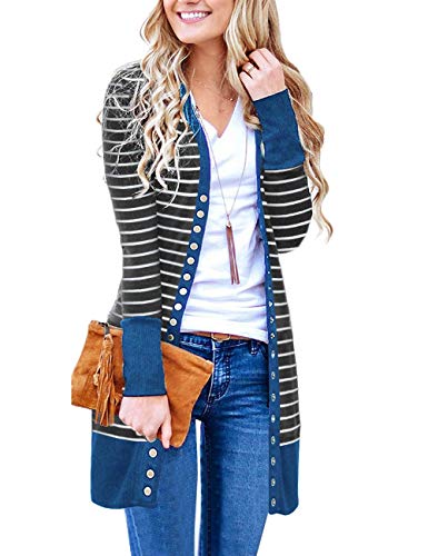 RichCoco Women's Striped Snap Button Down Open Front Long Sleeve Contrast Color Casual Cardigans Sweaters (Blue Long, XL)