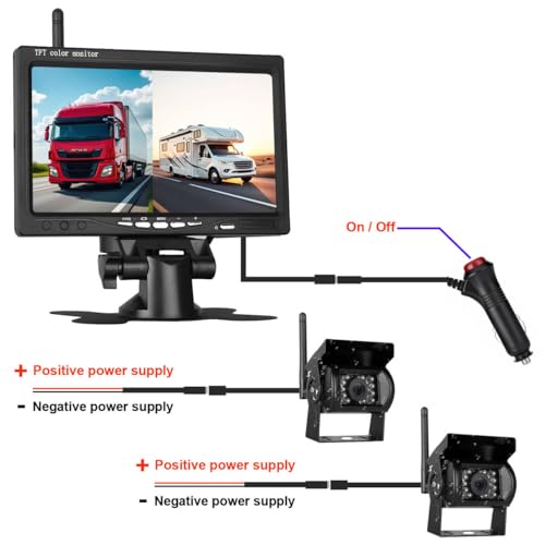 Wireless Digital Backup Camera System, 7 Inch AHD Split Screen with IP69 Waterproof Backup Camera, Infrared Night Vision, Dual Backup Camera for Truck/Trailer/Motorhome/Van