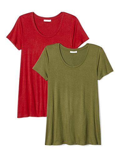 Daily Ritual Women's Jersey Short-Sleeve Scoop Neck Swing T-Shirt, 2-Pack, L, Cypress Green/Deep Red