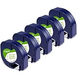 Label KINGDOM Compatible Label Tape Replacement for DYMO LetraTag White Paper Refill 91330 10697, 1/2" x 13' 12mm x 4m Black on White Label Maker Tape for dymo Letra Tag LT-100H Plus Printer, 5-Pack