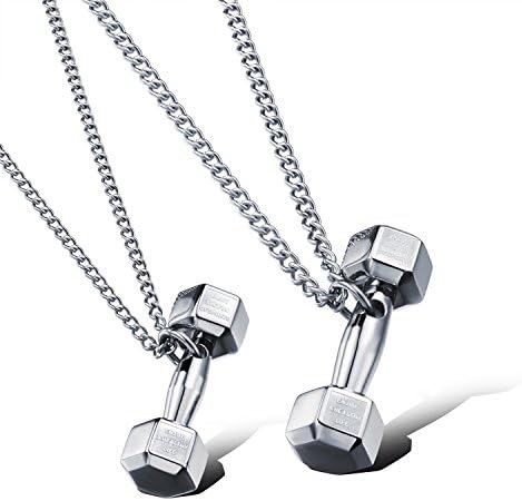 Topsue His &amp; Hers Matching Set Titanium Stainless Steel Couple Bodybuilding Dumbbell Pendant Necklace in a Gift Box (One Pair)