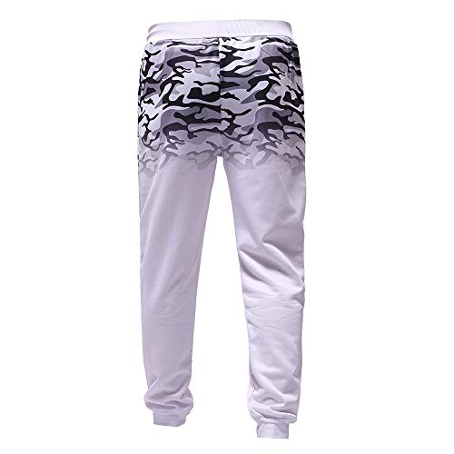 ANJUNIE Men Outdoor Trousers,Packwork Camouflage Black Splicing Drawstring Sport Pants(White,XL)