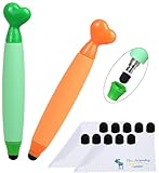 Stylus for Kids - Bundle of 2 Heart Shaped Cute Fun and Colorful Capacitive Touch Screen Pens with Replaceable Tips - for Boys and Girls - Specially Designed for Children - 10 Replacement Tips Included - CE and RoHs Certified for Your Safety (Green + Orange)