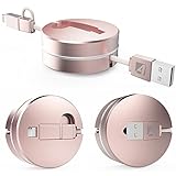 Retractable USB Cable, Acessor-Z 2in1 Lightning + Micro USB Sync & Charge 1M Retractable Quick Charging Data High Speed Adapter Cable for iPhone 5s 6 6s Plus,iPad,iPod,Android Phones (Rose Gold)