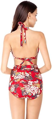 Women Bathing Suits - icharmore Summer Retro Floral High Waist Padded Bra Push-up Bikini Swimwear (2XL, Red)