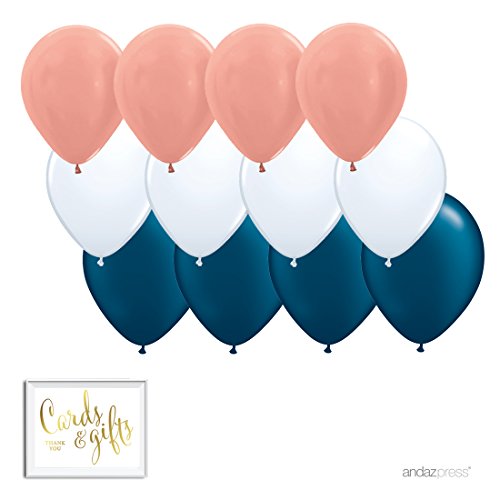 Andaz Press 11-inch Latex Balloon Trio Party Kit with Gold Cards & Gifts Sign, Rose Gold, White and Navy Blue, 12-pk, Elegant Coral Nautical Wedding Baby Shower Decorations