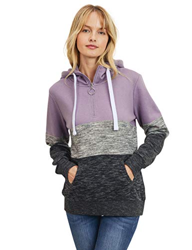 Women's Ultra Soft Fleece Tri-Color Block 1/4 Zip-Up Pullover Hoodie Sweatshirt, Dusty Purple, X-Large
