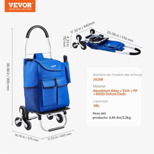 Carro de Compra Plegable 36 L Carro para Subir Escaleras con 6 Ruedas 445x375x990 mm Bolsa de Almacenamiento de Tela Oxford para Compras, Oficina, Mudanzas, Transporte, Exteriores, Lavandería