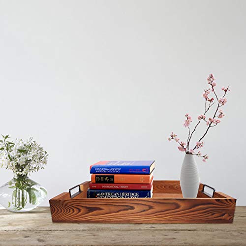Rustic Large Tray with Handles 20-Inch, Wooden Serving Trays, Distressed Torched Wood Tray, Farmhouse Wood Butler Platters for Serve Breakfast, Appetizer, Coffee, Bar, Food, Party