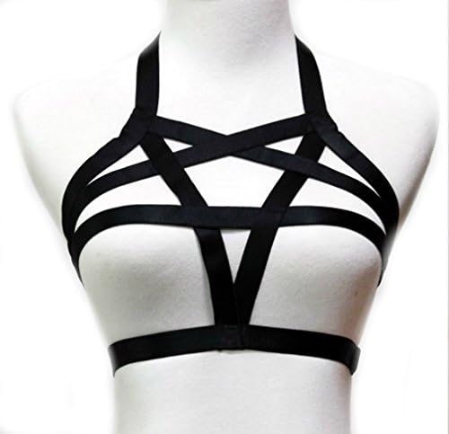 Walemy Harness Bra,Gothic Style Sexy Pentagram thick line Elastic Cage Bra Strappy