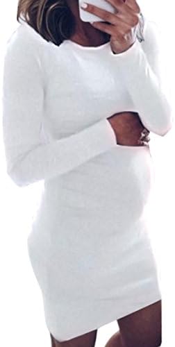 Women Dress Daoroka Ladies Pregnant Bodycon Casual Long Sleeve Mini Party Fashion Solid O-Neck Skirt For Maternity (S, White)