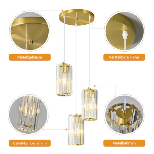 ZPBSJ Gold Crystal Chandelier, Hanging Dining Room Lamp, Nightstand Lamp, Flexible Adjustable Height, Ideal for Dining Room, Living Room and Kitchen Islands (3 Lights Gold)