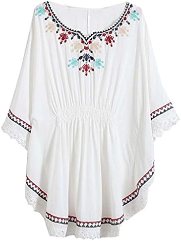 Women Vintage Loosen Embrodiered Batwing Sleeve Dressy Mexican Tunic Peasant Tops Blouse White 3