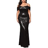 BINXIAD Women's Sequin Elegant Sexy Cold Shoulder Mermaid Bodycon Cocktail Evening Dress Glitter Maxi Dress