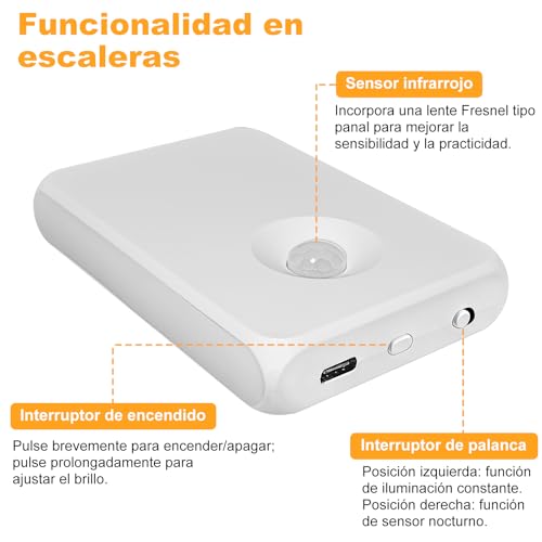 Luces de Escalera con Sensor de Movimiento Recargables, Luces Automáticas con Soporte Magnético Regulables para Interiores en Escaleras, Pasillos, Cocina, Baño (Blanco-6PCS)