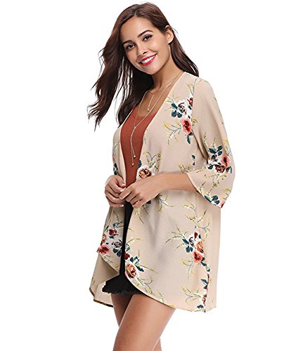 PopStore Women's Floral Print Sheer Kimono Cardigan Capes Chiffon 3/4 Sleeve Patchwork Casual Cover up Blouse Tops - Thumbnail 4