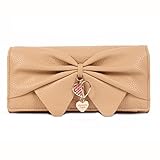 Damara Women Long Faux Leather Bifold Large Bow Design Wallet Handbag,Apricot