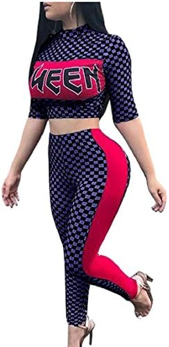 HTOOHTOOH Women Two Piece Tracksuit Set Sexy Plaid Letter Printing Crop Top Skinny Pants Jumspsuit 3 M