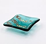 Metallic Copper, Gold and Silver Accents on a Transparent Aquamarine Blue Fused Glass Small Square Decorative Bowl